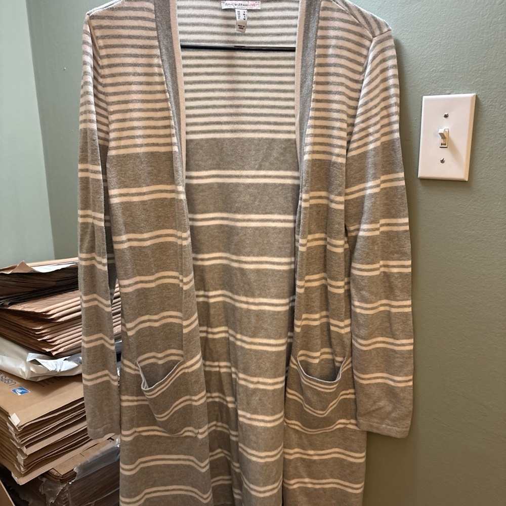 Isaac Mizrahi Gray and White Striped Cardigan